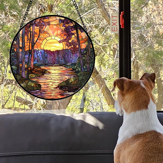 Stained Glass Window Hanging, Orange Landscape Green Purple Lake Forest Suncatcher for Doors Window Home Sun Catchers Decor Mother's Day Birthday Gifts for Women Men Mom 15 in