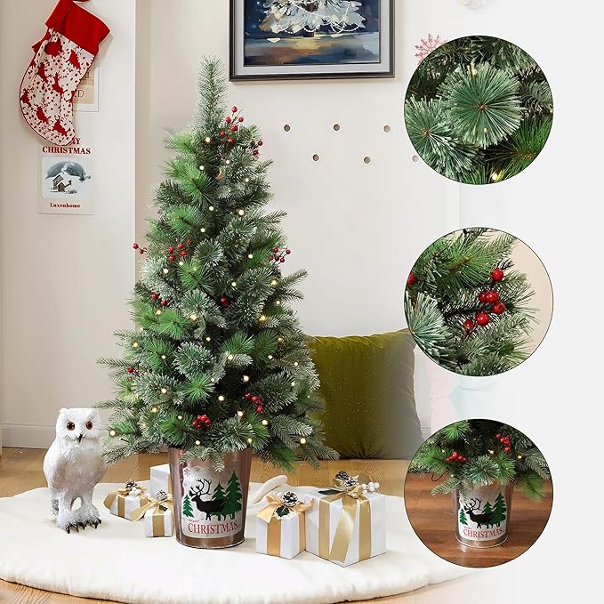LuxenHome 4FT Small Christmas Tree, Battery Operated Potted Christmas Trees with 70 Warm White LED Lights, Slim Xmas Tree with Red Berries and Metal Pot for Entryway, Livingroom Holiday Display