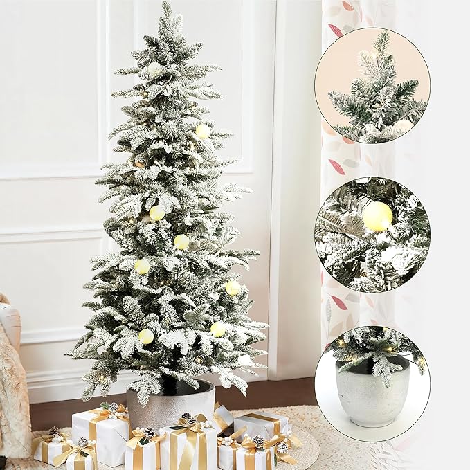 LuxenHome 5FT Small Potted Christmas Tree, Flocked Christmas Tree with 100 LED Globe Lights, Prelit Artificial Xmas Trees with White Round Pot, Lighted Pine Tree for Indoor, Outdoor Holiday Display