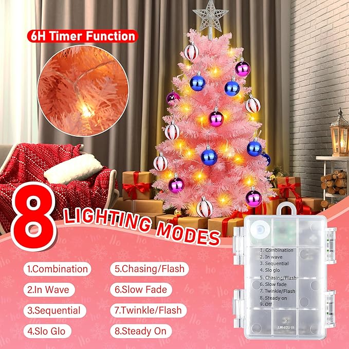 [Timer & 8 Modes] 3FT Pink Christmas Tree with Lights, Artificial Small Christmas Tree with Star -Includes 15 Xmas Balls Ornament Pink Xmas Trees Decorations for Home, Office, Indoor and Outdoor