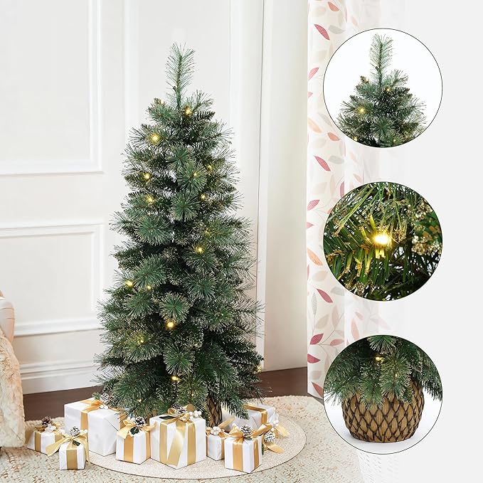 LuxenHome 4FT Small Christmas Tree, Prelit Slim Potted Artificial Christmas Trees with 50 Warm White LED Lights, Realistic Faux Pine Tree with Rattan Style Pot for Entrance, Hallway Display