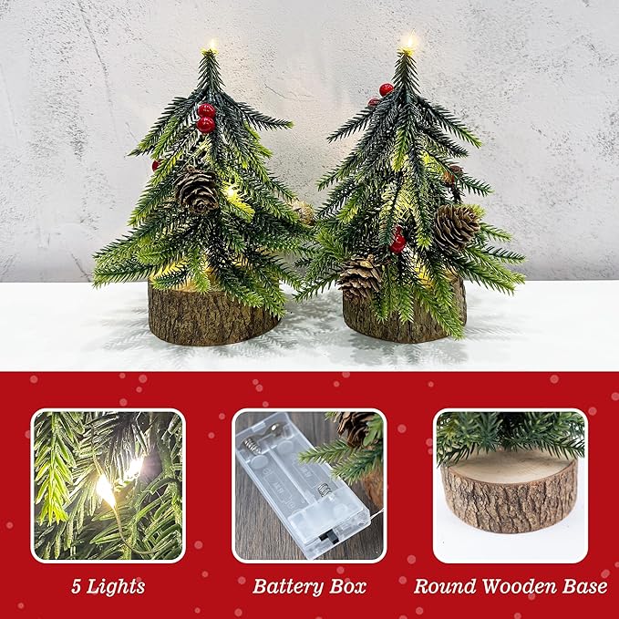 2 Pack Artificial Christmas Tabletop Mini Pine Trees, 6.5 in Tall Lighted Holiday Decorations with Wooden Base, Red Berries, Pine Cones for Home Table Windowsill Office Desk Desk Mantel