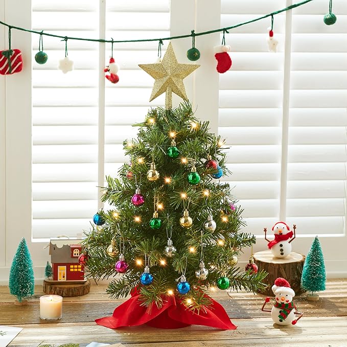 Joiedomi 24"/2FT Mini Christmas Tree Tabletop Set with Clear LED Lights, Artificial Mini Christmas Tree with Star Treetop and Hanging Ornaments, Best DIY Xmas Decorations