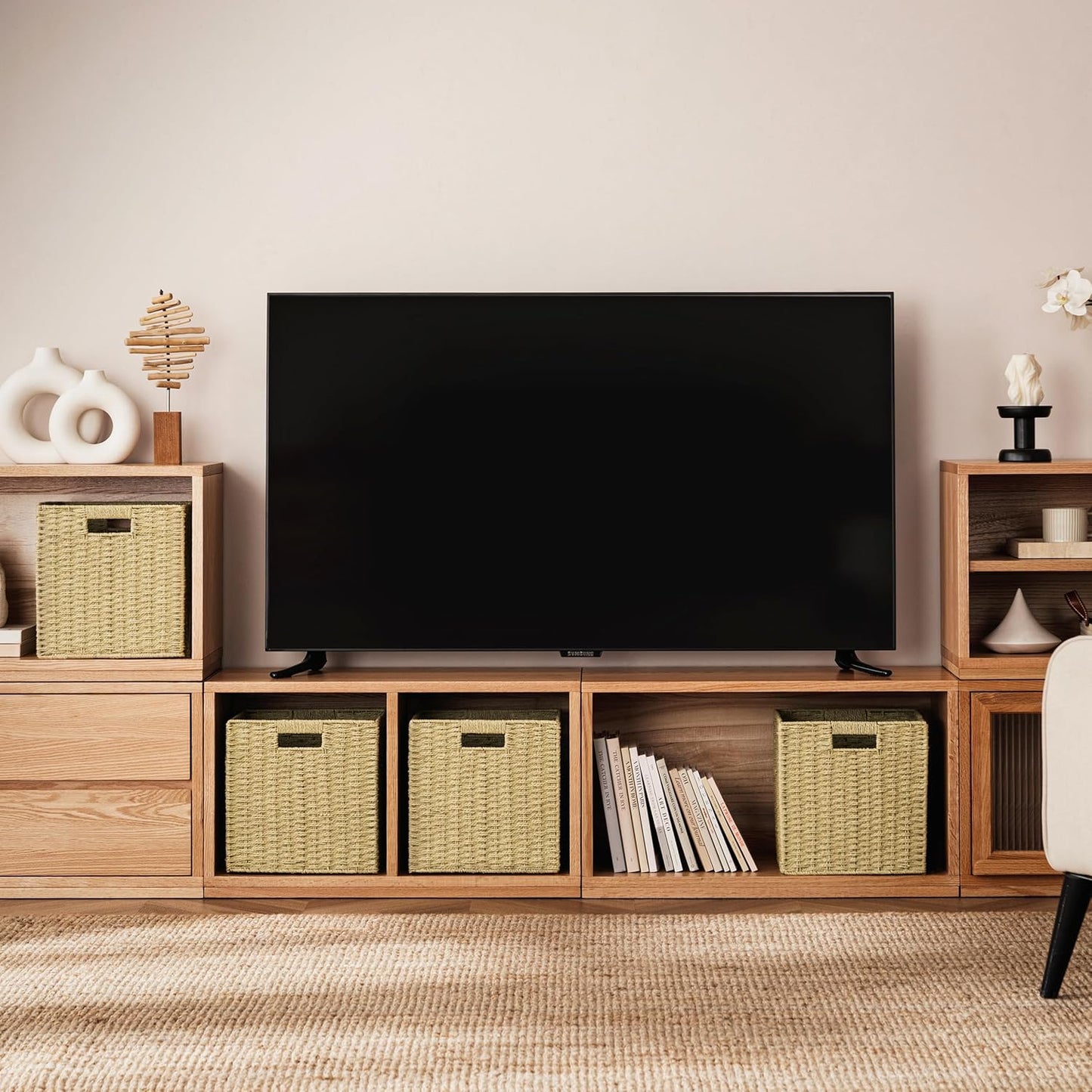 UBBCARE 2 Pack Wicker Basket,11L×11H×10.5W inch Woven Paper Rope Storage Baskets for Shelves, Foldable Cube Storage bin with Handle, Storage Basket for Organizing & Decor, Natural