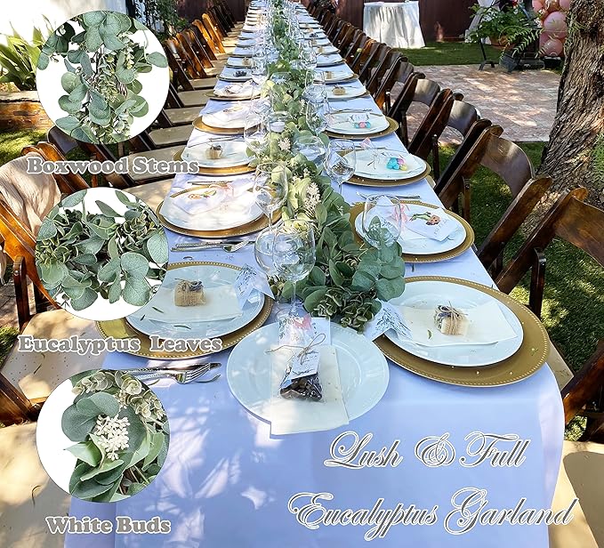Ouddy Decor Eucalyptus Garland 6.56 Ft Lush Silver Dollar Leaves Boxwood with White Buds Artificial Faux Greenery Vines for Baby Shower Wedding Party Table Runner Room Home Mantle Decor