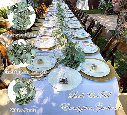 Ouddy Decor Eucalyptus Garland 6.56 Ft Lush Silver Dollar Leaves Boxwood with White Buds Artificial Faux Greenery Vines for Baby Shower Wedding Party Table Runner Room Home Mantle Decor