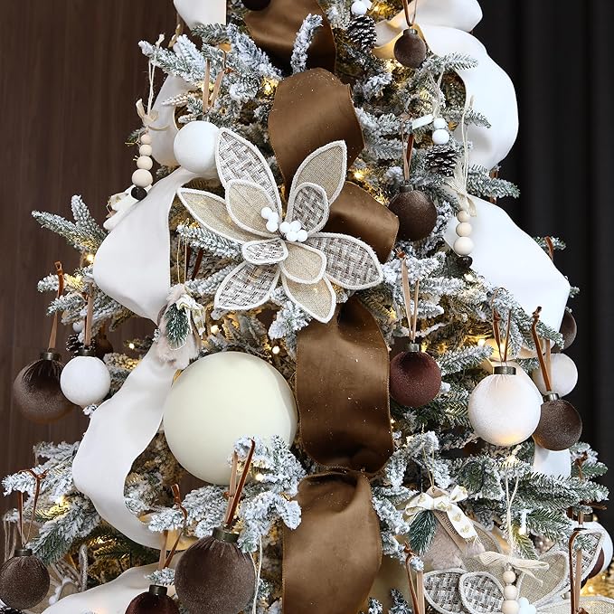 Sea Team 4-Pack Large Flocked Velvet Christmas Tree Ball Ornaments Set, Hanging Velour Baubles, Shatterproof Plastic Decorations for Xmas Tree, Wreath, Garland, 150mm/5.91 Inches, Cream