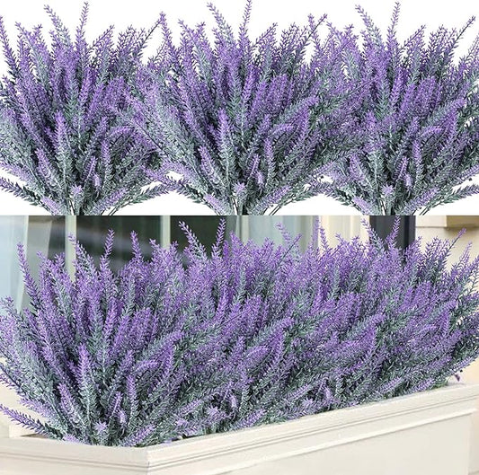 Ouddy Decor 12 Bundles Artificial Lavender Fake Flowers Faux Plastic Plants for Home Wedding Kitchen Garden Patio Window Box Office Table Centerpieces Indoor Outdoor Decor, Gray Purple