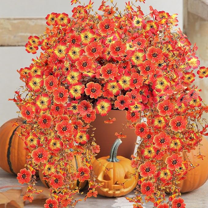 Outdoor Artificial Fall Flowers 6PCS, All Weather Fade Proof, UV Resistant Waterproof Realistic Faux Silk Mums Daisies Orange & Sunset Red for Hanging Planters Porch Patio Balcony Deck & Garden Decor