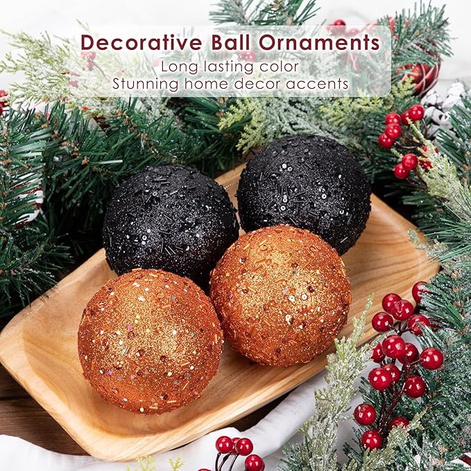 4" Large Christmas Balls Ornaments 6 Pcs Shatterproof Big Orange Christmas Ornaments for Tree Bulk Glitter Big Xmas Tree Ornament for Xmas Halloween Holiday Wedding Party Decoration