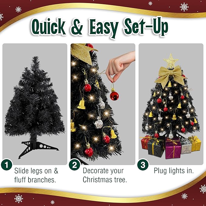 Small Black Christmas Tree with Lights - 23 Inch Mini Tabletop Christmas Tree with Warm-White LED Lights, Hanging Ornaments, Decorative Bow and Gift Boxes - Table Tree for DIY Christmas Decoration