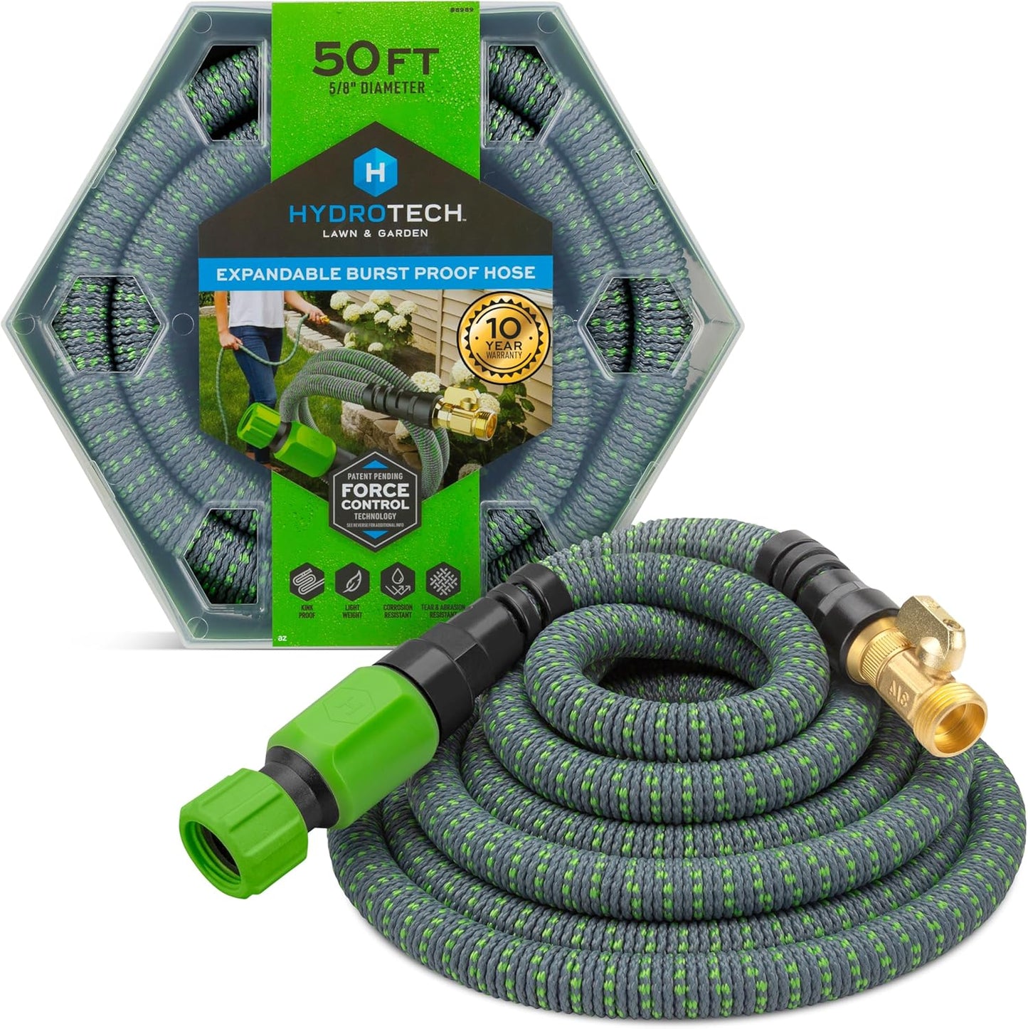 HydroTech 50 ft Expandable Garden Hose - Burst Proof & Lightweight, Flexible Water Hose with Durable Reinforced Latex Core & Solid Brass Fittings for Lawn, Garden, Car Washing