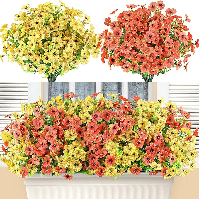 AmyHomie 16 Bundles Artificial Flowers for Outdoor Outside Summer Fall Decoration UV Resistant Faux Flowers No Fade Fake Plastic Plants Garden Porch Window Box Decorating