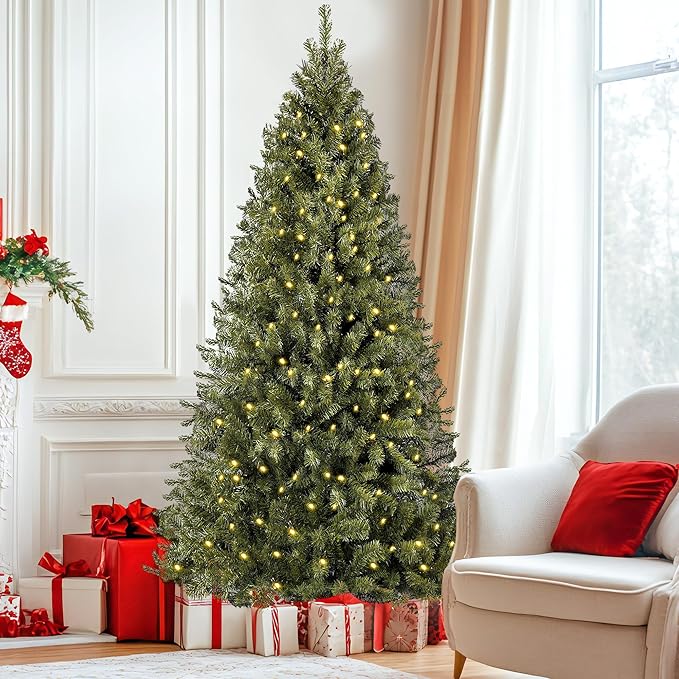 Annecy 7.5ft Pre-Lit Christmas Tree, Green Artificial Full Spruce Christmas Tree for Home, Office, Party Decoration w/ 1200 Branch Tips, 550 Warm White & Multi-Color Lights, Metal Hinges & Base,7.5 ft