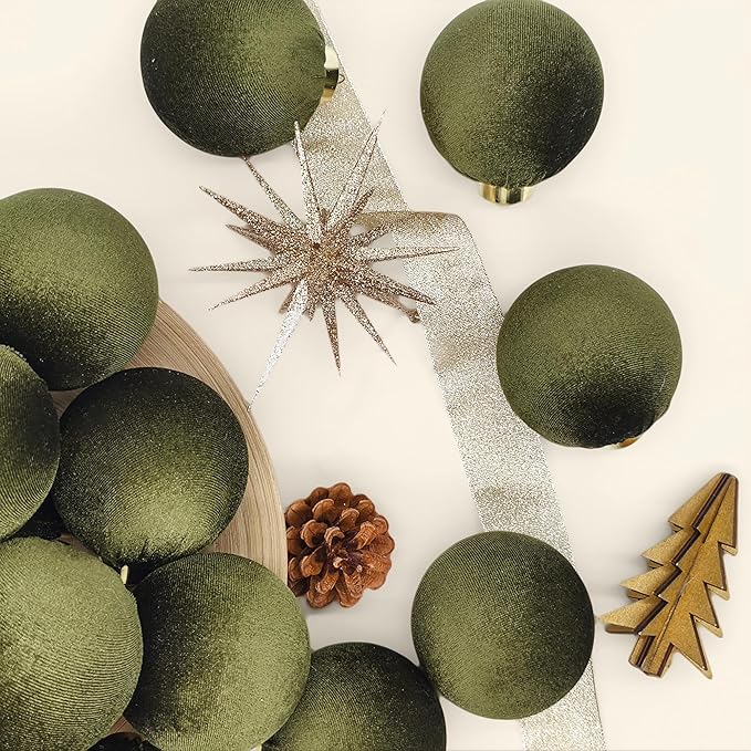 18PCS Green Velvet Christmas Ornaments Set – Large Flocked Shatterproof Baubles for Xmas Tree Decoration, Hanging Ornaments for Holiday & Home Décor (Green, 3 Inch / 8 cm)