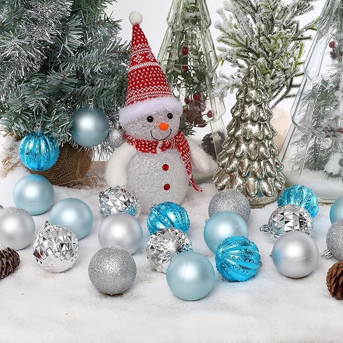 45Pcs 6cm/2.36inch Christmas Balls Glitter Ornaments Set, Shatterproof Plastic Xmas Tree Hanging Ornament, Christmas Decorations Balls for Holiday Festival Wedding House Bar Party(Blue/Silver)