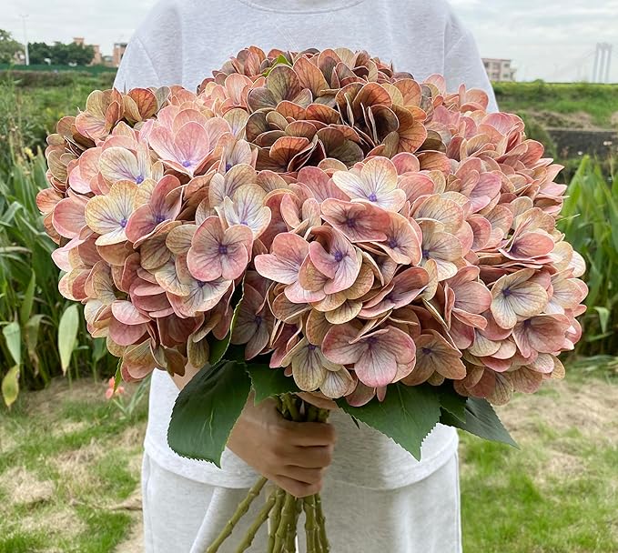 4PCS Latex Faux Real Touch Hydrangea Artificial Flowers，23 inch Fall Brown Fake Silk Hydrangeas，Soft Hydrangeas with Long Stems & Leaves - Mix Fall