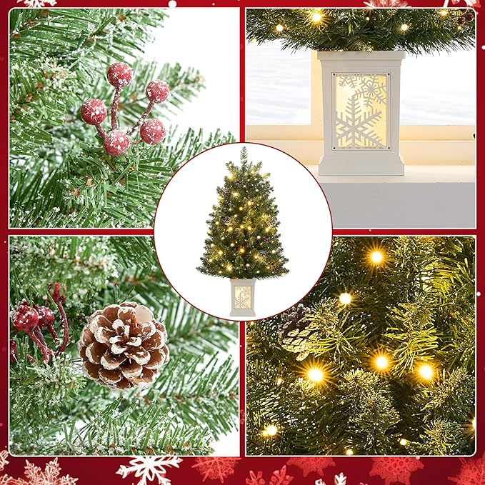 3 Ft Pre-Lit Christmas Tree, Artificial Christmas Tree with 78 Led Lights,8-Mode Battery Box,Timer Battery,Red Berry,Christmas Decoration for Home, Office,Fireside,Easy Installation