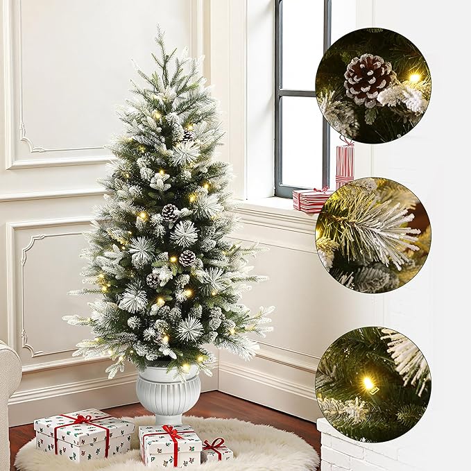 LuxenHome 4.5FT Potted Christmas Tree, Small Flocked Christmas Tree Prelit with 100 LED Lights and Pinecones, Lighted Pencil Artificial Christmas Trees with Urn Style Planter Pot for Indoor, Outdoor