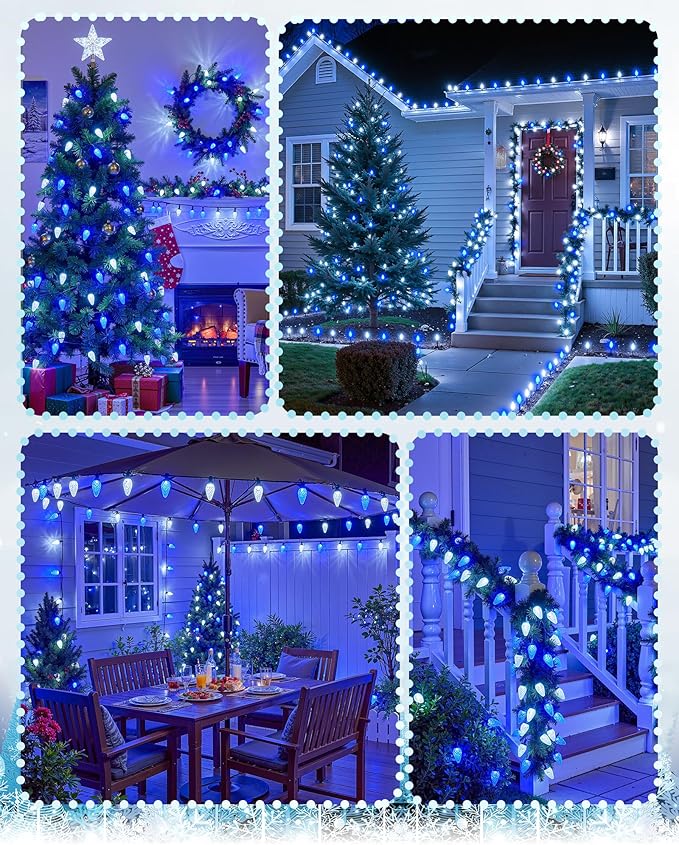 C9 LED Christmas Lights Outdoor with 100 Spring Clips, 81FT 100 LED C9 String Lights Waterproof Connectable for Outside Roofline Patio House Yard Windows Outdoor Christmas Decorations, Blue White