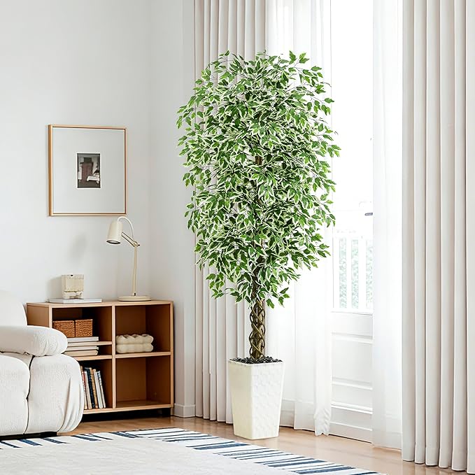 Artificial Ficus Tree Indoor 6FT Fake Plants Large Artificial Plant with Crack White Tall Planter, Green Lifelike Lush Fake Ficus Tree for Home Living Room Bedroom Outdoor Balcony House Office Decor