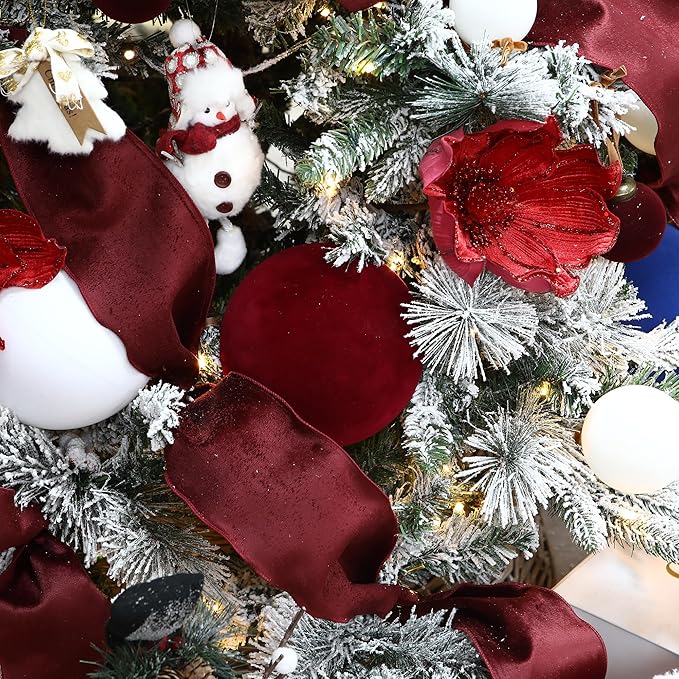 Sea Team 4-Pack Large Flocked Velvet Christmas Tree Ball Ornaments Set, Hanging Velour Baubles, Shatterproof Plastic Decorations for Xmas Tree, Wreath, Garland, 150mm/5.91 Inches, Burgundy