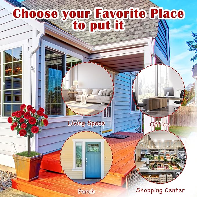 Sunnyglade 35.5" Set of 2 Artificial Camellia Tree, Faux Red Camellia Flowers Plant with Spike Fake Silk Flora Topiary Plants Tree for Indoor, Garden, Yard, Porch, Patio Decoration (Red)