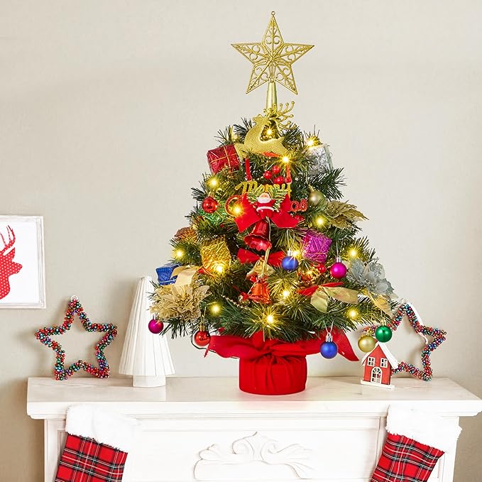 JOIEDOMI 24"/2FT Pre-lit Tree with Decoration Kit Artificial Christmas Tabletop Tree with 70 Branch Tips 30 LED Lights, Includes Star Topper Ornaments, Battery Operated Mini Tree for Indoor Xmas Decor