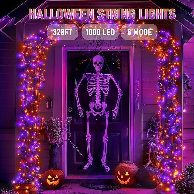 Dazzle Bright Outdoor Halloween String Lights, 1000 LED 328 FT Plug in Fairy Light with Remote Control 8 Modes & Timer, Waterproof Decoration for Home Garden Yard Wedding, Purple and Orange
