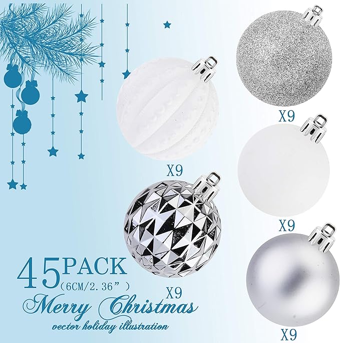 45Pcs 6cm/2.36inch Christmas Balls Glitter Ornaments Set, Shatterproof Plastic Xmas Tree Hanging Ornament, Christmas Decorations Balls for Holiday Festival Wedding House Bar Party(Silver/White)