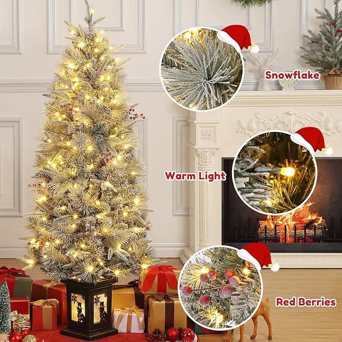 GarveeHome 4.5 ft Pre-Lit Flocked Artificial Christmas Tree with Pine Cones, Artificial Xmas Tree w/ 386 Branch Tips & 200 Lights, Snowman Base for Home, Party Decoration,2 PCS