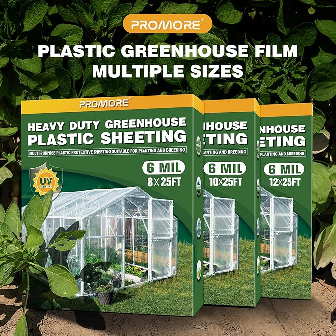 6 Mil Plastic Sheeting 10x25 FT Clear, Greenhouse Plastic Sheeting Heavy Duty, Polyethylene Film, UV Resistant, Tear-Proof, for Garden, Agriculture, Painting Floor Protection