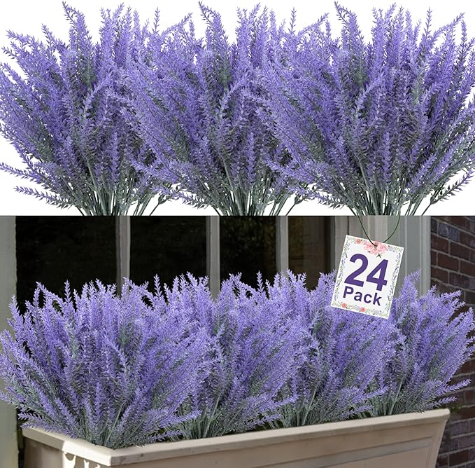 Ouddy Decor 24 Bundles Artificial Lavender Fake Flowers Faux Plastic Plants for Home Wedding Kitchen Garden Patio Window Box Office Table Centerpieces Indoor Outdoor Decor, Gray Purple