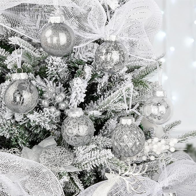 Ouddy Decor 36 Pcs Clear Christmas Ball Ornaments, 2.36" Shatterproof Silver Plastic Christmas Ornaments Set Decorative Hanging Transparent Baubles for Xmas Tree Holiday Party Decor, Silver