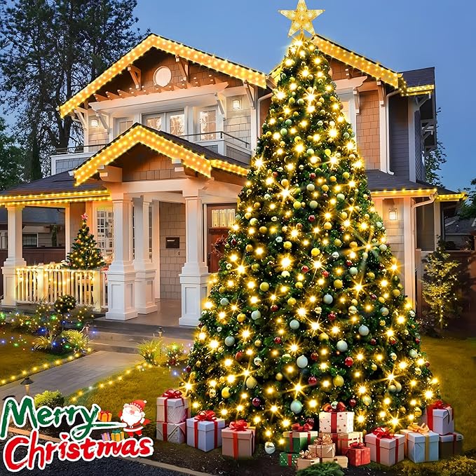 KNONEW 600ft 1500 LED Christmas String Lights Outdoor 8 Lighting Modes & Timer Dimmable Fairy Light Plug in Waterproof for Xmas Roof Yard Tree Wedding Party Holiday Decorations (Warm White)