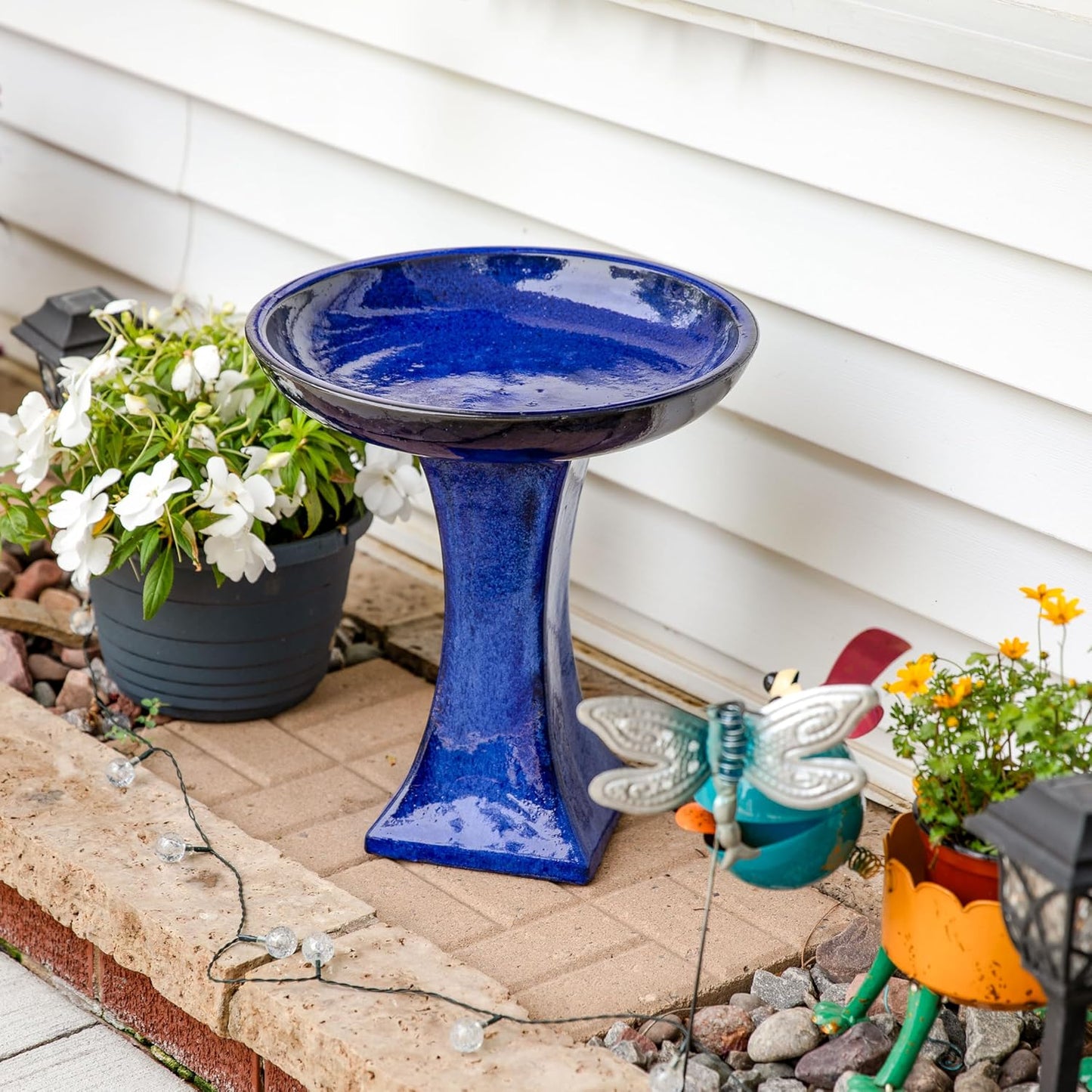 Sunnydaze Ceramic Bird Bath for Outside - 16" H - UV- and Frost-Resistant - Pedestal Bird Bath - Blue Glazed Bowl - Blue Glaze Finish
