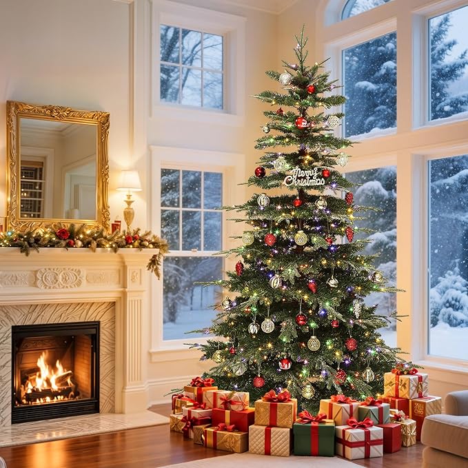 GOOBED Prelit Aspen Fir Realistic Christmas Tree 6.5ft with Remote Control, Pre-lit Hinged Xmas Tree with Glittering Diamond Tips, Holiday Decor for Holidays, Parties, Green