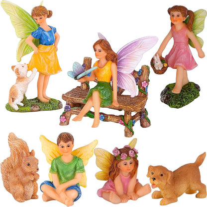 Mood Lab Fairy Garden - Miniature Fairies Figurines with Animals - Statues & Accessories Decor Set of 8 pcs