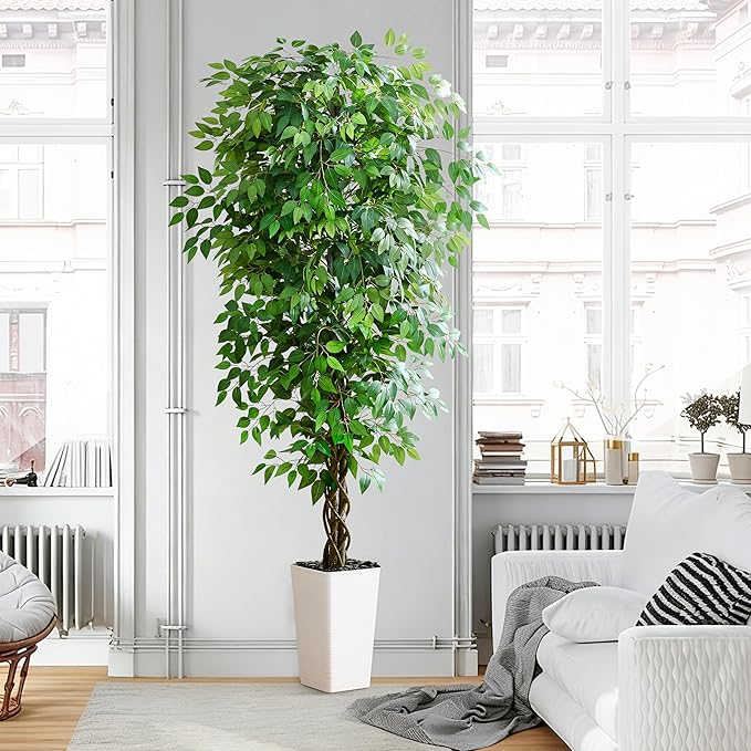 Artificial Ficus Tree 7FT Faux Plants Indoor Tall Fake Plants with White Tall Planter, Green Lifelike Lush Fake Ficus Tree for Home Living Room Bedroom Outdoor Balcony House Office Decor