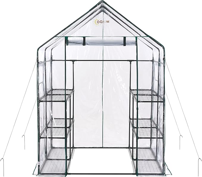 OGrow Machrus Deluxe Walk-in Greenhouse with 3 Tiers and 12 Shelves - Clear Cover
