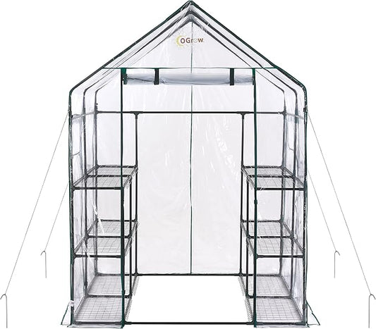 OGrow Machrus Deluxe Walk-in Greenhouse with 3 Tiers and 12 Shelves - Clear Cover