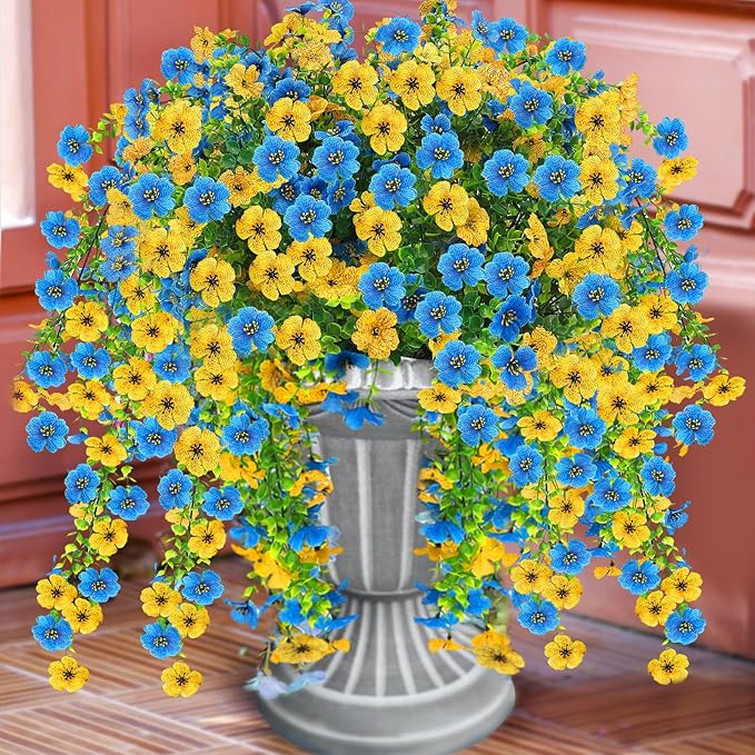 Artificial Flowers for Outdoors 6PCS，All Weather Fade Proof, UV Resistant Waterproof Realistic Faux Silk Mums Daisies Blue & Yellow for Hanging Planters Porch Patio Balcony Deck Fence Garden Decor