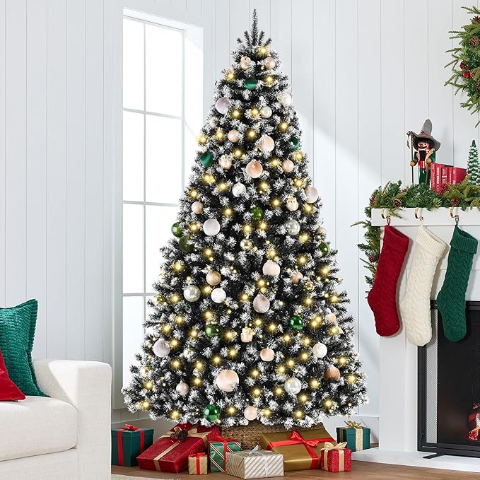 Best Choice Products Artificial Frosted Christmas Tree, 9ft Premium Pre-Lit Realistic Spruce Holiday Décor w/Dense Branches, Metal Base – Black Spruce