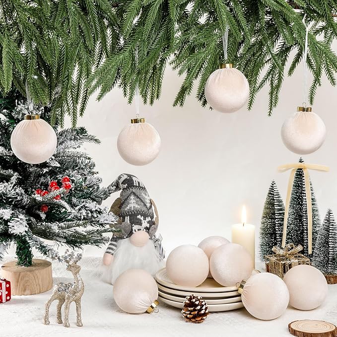 24 Pack Velvet Ornaments for Christmas Tree Decorations, 12 Pcs 3.15 Inch Large Neutral Christmas Ornaments Hanging Flocked Balls and 12 Pcs Velvet Bows for Xmas Tree Holiday Party Decor