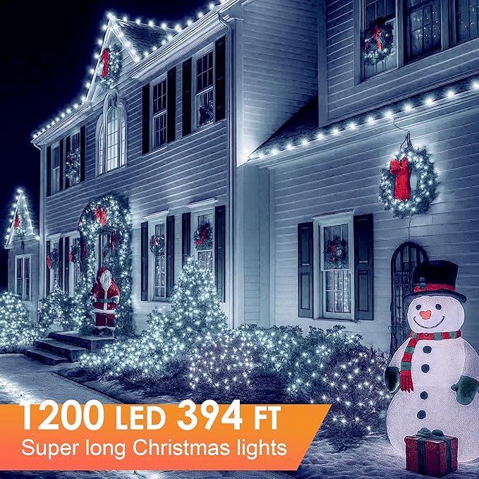 Christmas Lights 1200 LED 394 FT, IP67 Waterproof Christmas Tree Lights with 8 Modes, Outdoor String Lights with Timers & Memory Function, Xmas Light for Holiday Decor (Cool White)