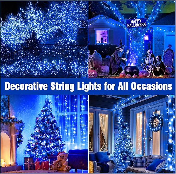 Nisocy 66FT 200 LED Blue String Lights with Green Wire, Waterproof Seasonal Fairy Lights with 8 Modes, Indoor Outdoor Decorative Lighting for Christmas Tree, Party, Garden, Patio