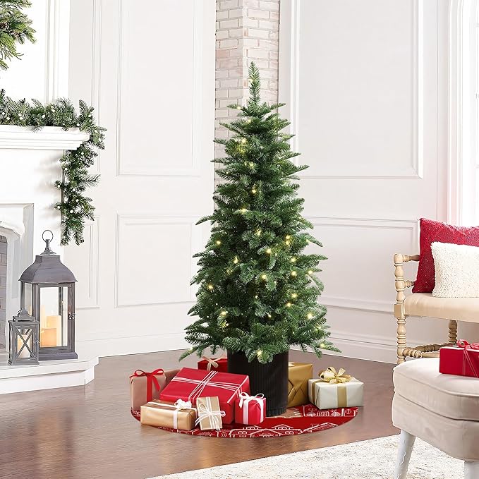 LuxenHome 4.5FT Small Christmas Tree, Prelit Slim Potted Christmas Trees with 100 Warm White LED Lights, Lighted Pine Tree with Fluted Black Pot, Small Faux Holiday Tree for Home Display