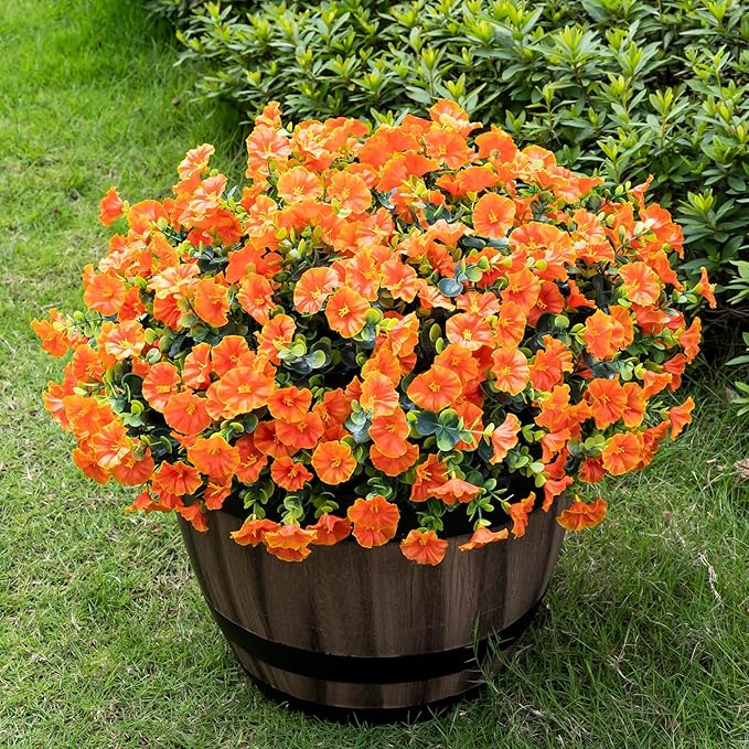 Lnoicy Artificial Flowers for Outdoor 12 Bundles Eucalyptus Fake Flowers for Planter,UV Resistant Fake Morning Glory for Home/Porch/Garden Decoration（Orange）