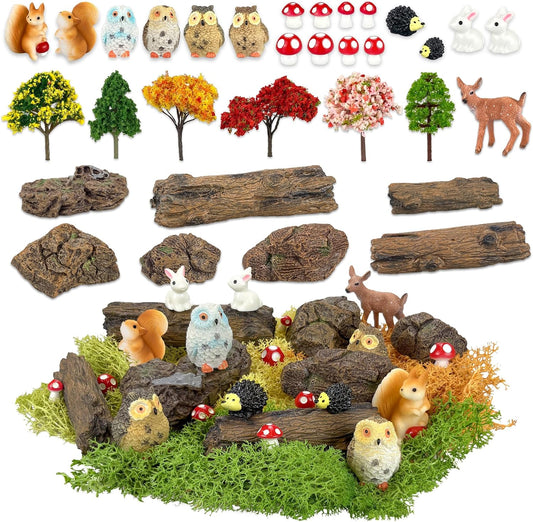 36 Pcs Fairy Garden Accessories, Mini Resin Animals Figures, Artificial Tree Stumps and Fake Stone Rocks, Moss Bonsai Micro Landscape Ornaments Kit, Miniature Garden Kit, Terrarium Ornaments DIY Craft