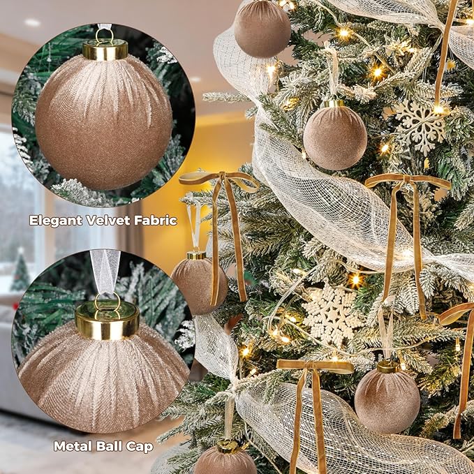 24 Pack Brown Christmas Ornaments Set, 12 Pcs 3.15 Inch Velvet Christmas Balls Shatterproof Flocked Hanging Balls Bulkand 12 Pcs Velvet Bows for Xmas Tree Garland Wreath Party Home Decor